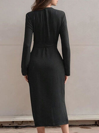 Kadın Uzun Kollu önden Düğmeli Beli Kuşaklı Aerobin Midi Elbise