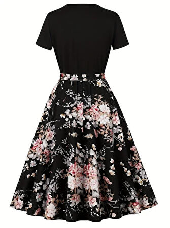 Kadın Kısa Kollu Bisiklet Yaka çiçek Desenli üst Viskon Alt Süprem Kısa Elbise