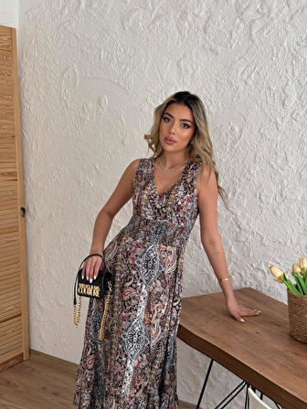 Kadın Beli Gipeli Etnik Desen Sıfır Kol Süprem Elbise