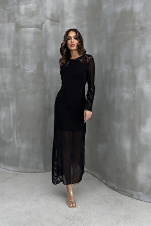 Almond Dantel Detaylı Tül Elbise 2659-8