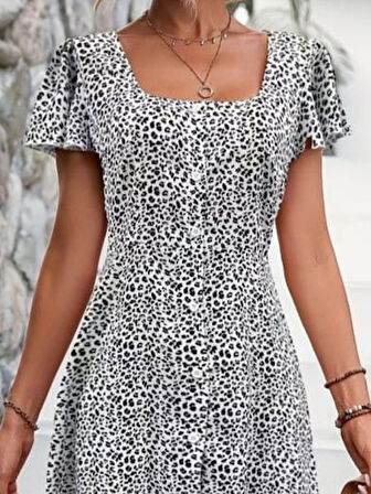 Kadın Kısa Kollu Kare Yaka önden Düğmeli çiçekli Süprem Elbise