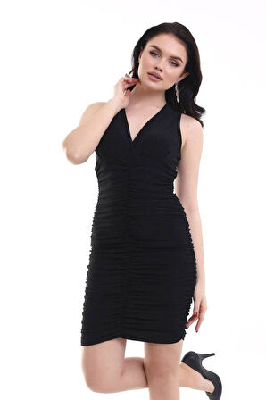 Kadın V Yaka Büzgü Detaylı Sandy Kumaş Fırsat Ürün Diz Üstü Elbise