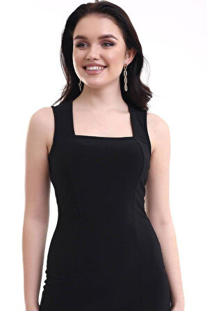 Kadın Kare Yaka Kolsuz Sandy Kumaş Fırsat Ürün Diz Üstü Elbise