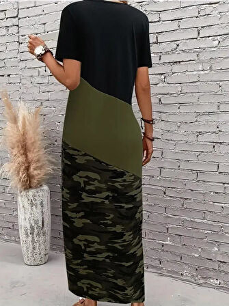 Kadın Kısa Kollu Bisiklet Yaka çok Renkli Maksi Viskon Elbise