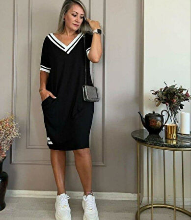 Kadın Kısa Kollu V Yaka Ribana Detaylı Cepli Dizüstü Viskon Elbise