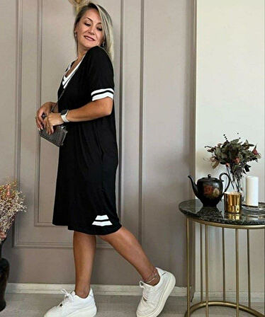 Kadın Kısa Kollu V Yaka Ribana Detaylı Cepli Dizüstü Viskon Elbise