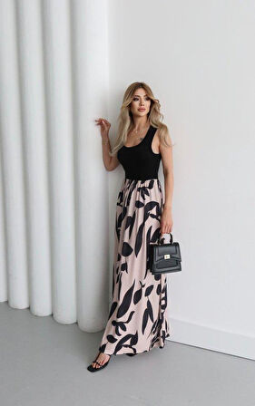 Kadın Askılı Yuvarlak Yaka üst Viskon Alt Desenli Uzun Süprem Elbise