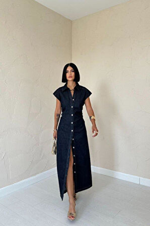 Mavi Kolsuz Vatkalı Elbise