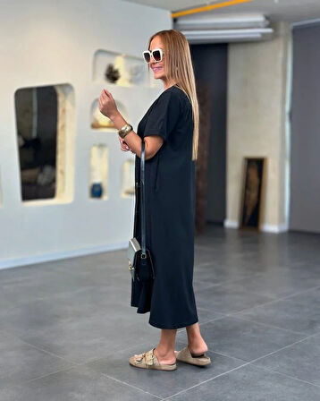 Kadın Kısa Kollu V Yakalı Cep Detaylı Uzun Viskon Iki Iplik Elbise