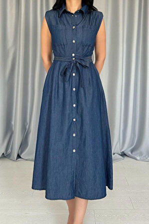 Mavi Tencel Çıtçıtlı Elbise