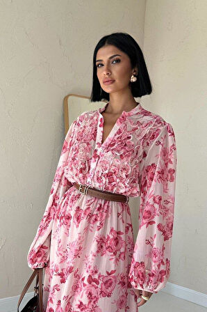 Pembe Biye Detaylı Elbise