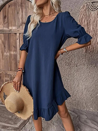 Kadın Kısa Kollu Kol Ve Eteği Volanlı Bisiklet Yaka Aerobin Elbise