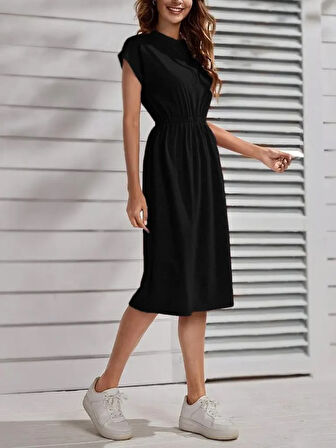 Kadın Kısa Kollu Bisiklet Yaka Belden Lastikli Midi Viskon Elbise