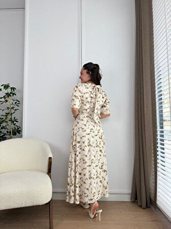 Ekru Yakası Bağlama Detaylı Elbise