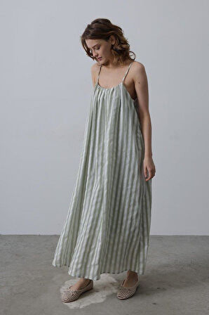 Askılı Çizgi Desen Elbise - Haki