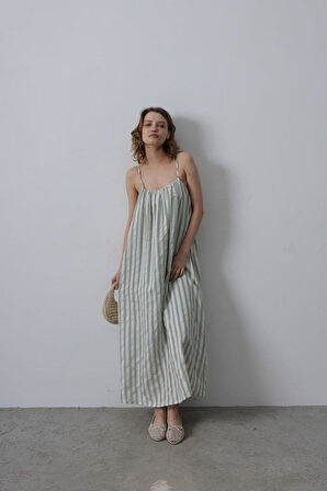 Askılı Çizgi Desen Elbise - Haki