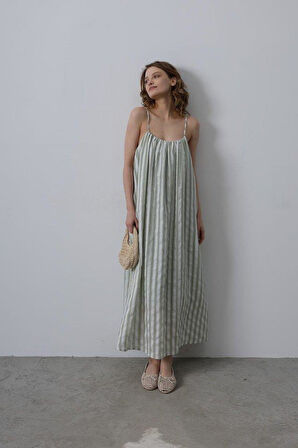 Askılı Çizgi Desen Elbise - Haki