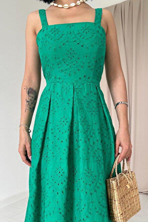 Yeşil Askılı Aparatlı Brode Elbise