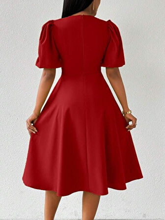 Kadın Kısa Balon Kollu Bisiklet Yaka Kiloş Janjan Krep Elbise