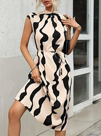 Kadın Balıkçı Yaka Arkadan Bağlamalı Kuşaklı Midi Boy Jessica Elbise