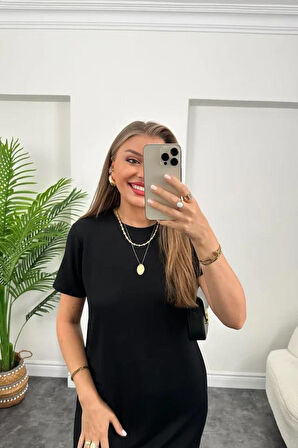 Kadın Kısa Kollu Yırtmaç Detaylı Salaş Viskon Elbise