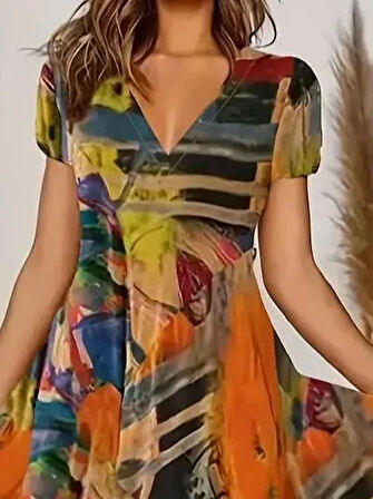 Kadın Kısa Kollu V Yaka Renkli Karışık Desen Kloş Süprem Midi Elbise