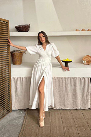 Ekru Müslin Uzun Elbise