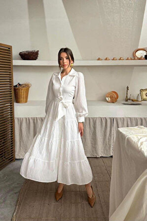 Ekru Çizgi Desenli Uzun Elbise