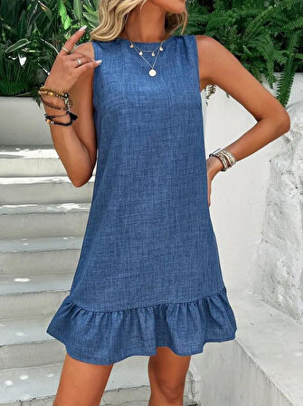 Kadın Kolsuz Bisiklet Yaka Fırfırlı Sofya Elbise