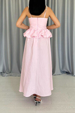 Pembe Beli Büzgülü İnci Askılı Uzun Elbise