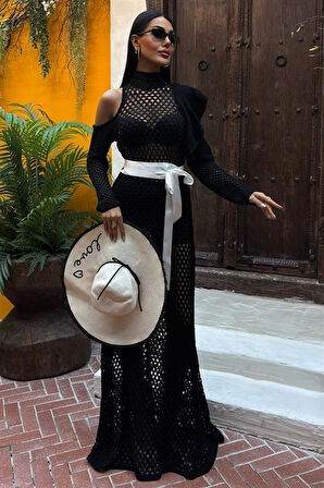 Saten Kuşaklı Ajurlu Triko Elbise 2847