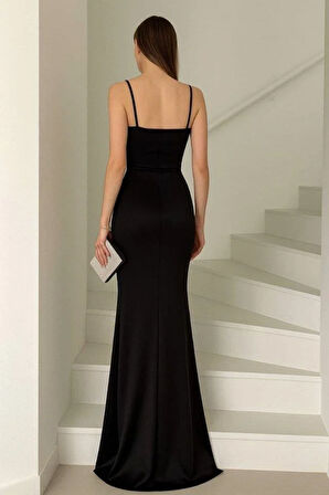 Kadın Dalgıç Kumaş V Yaka Yırtmaç Detaylı Maxi Boy Elbise