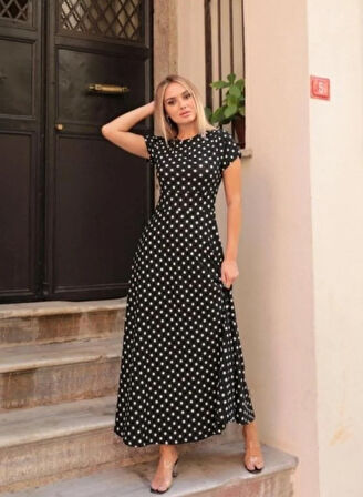 Kadın Kısa Kollu Bisiklet Yaka Puantiyeli Maksi örme Krep Elbise