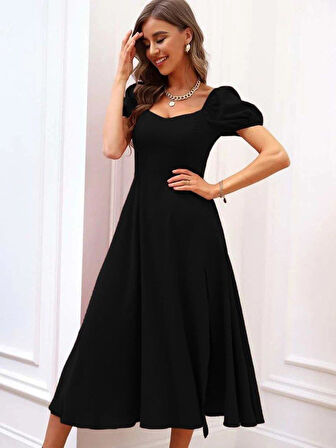 Kadın Kısa Kollu Kare Yakalı Yırtmaçlı Midi Janjan Krep Elbise