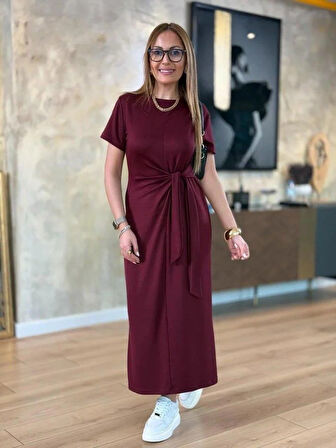 Kadın Kısa Kollu Bisiklet Yaka Yandan Bağlamalı Viskon Iki Iplik Elbise