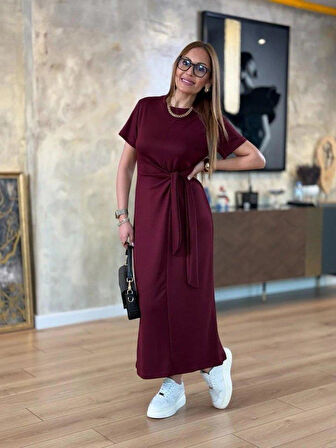 Kadın Kısa Kollu Bisiklet Yaka Yandan Bağlamalı Viskon Iki Iplik Elbise