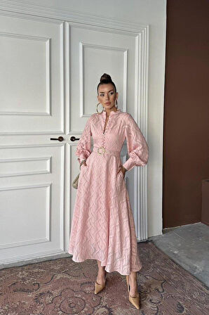 Pudra Kemer Detaylı Uzun Elbise