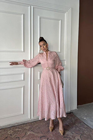 Pudra Kemer Detaylı Uzun Elbise