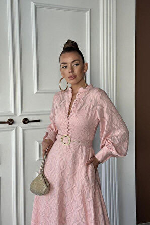 Pudra Kemer Detaylı Uzun Elbise