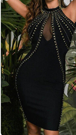 Kadın Dalgıç Kumaş Taş Detaylı Mini Boy Elbise