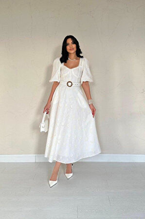 Ekru Göğüs Kup Detaylı Kemerli Brode Elbise