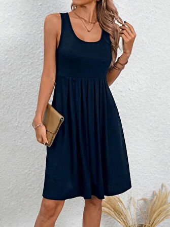 Kadın Askılı Yuvarlak Yaka önden Pileli Viskon Elbise