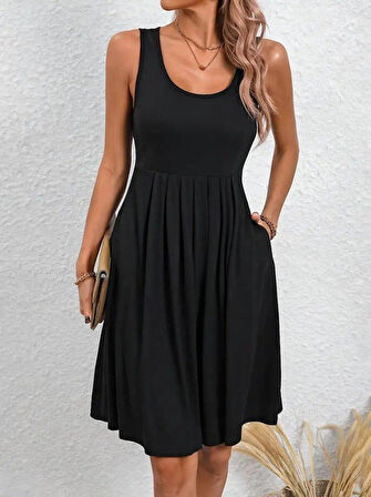 Kadın Askılı Yuvarlak Yaka önden Pileli Viskon Elbise