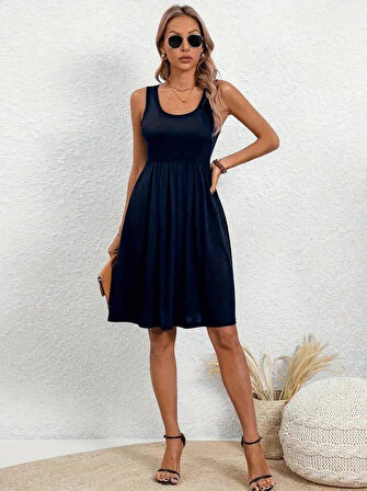 Kadın Askılı Yuvarlak Yaka önden Pileli Viskon Elbise