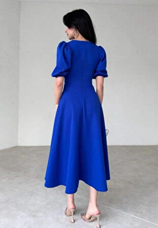 Kadın Kısa Balon Kollu Bisiklet Yaka Geniş Kesim Janjan Krep Elbise