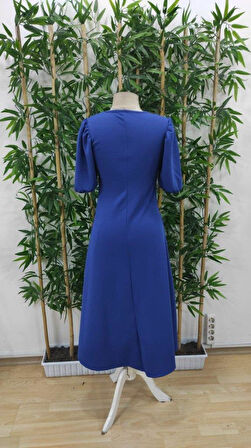 Kadın Kısa Balon Kollu Bisiklet Yaka Geniş Kesim Janjan Krep Elbise