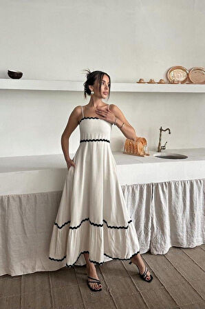 Bej Şerit Detay Keten Elbise