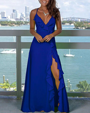 Kadın Ip Askılı Dekolteli Yırtmaç Detay Krep Elbise