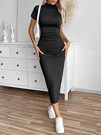 Kadın Yarı Balıkçı Yaka Yırtmaçlı Dalgıç Midi Elbise