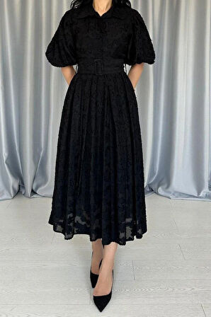 Siyah Kemerli Balon Kollu Elbise